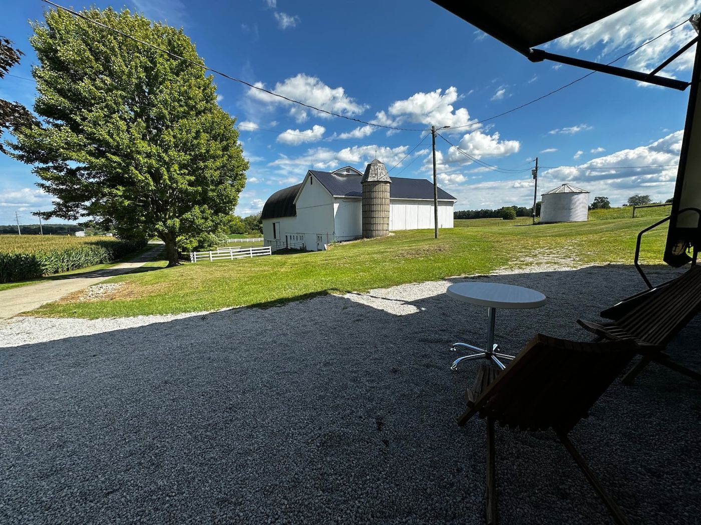 The patio outside the RV, looking out over the farm